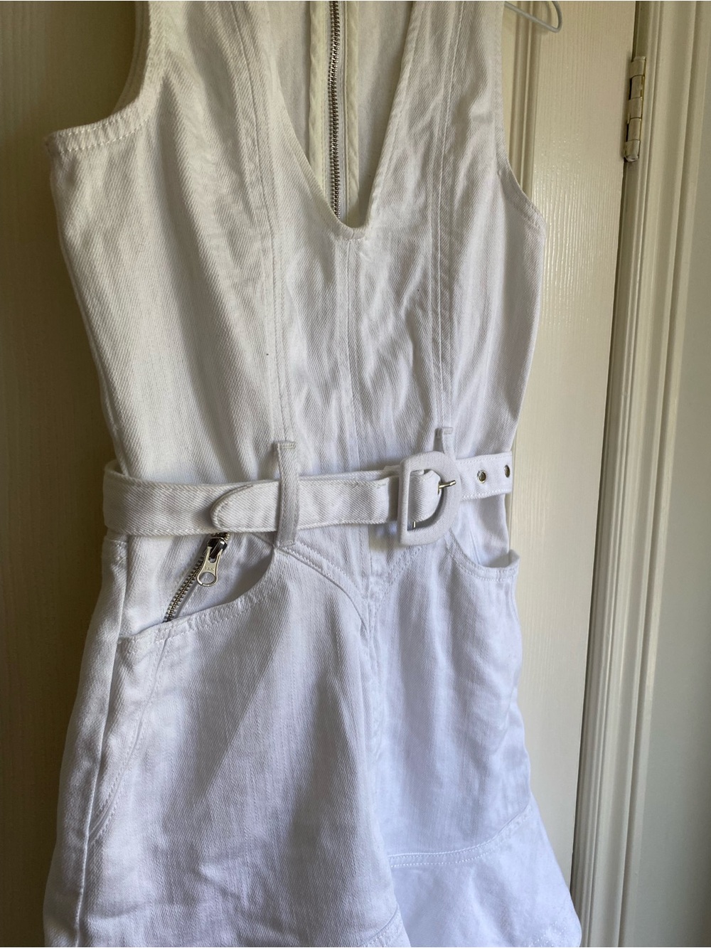 7 For All Mankind White Sleeveless V-Neck Belted Denim Mini Dress XS - Picture 2 of 6